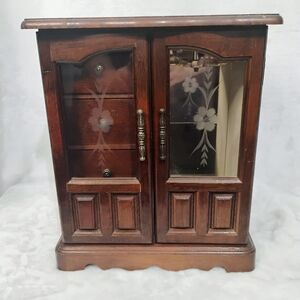 VTG Wood Jewelry Box Armoire 4 Drawer Etched Glass Necklace Carousel Mirror
